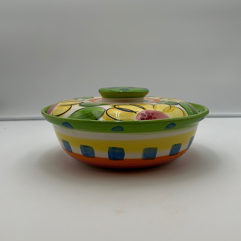 Vicki Carroll Handmade Art Pottery Serving Bowl with Lid, hand painted